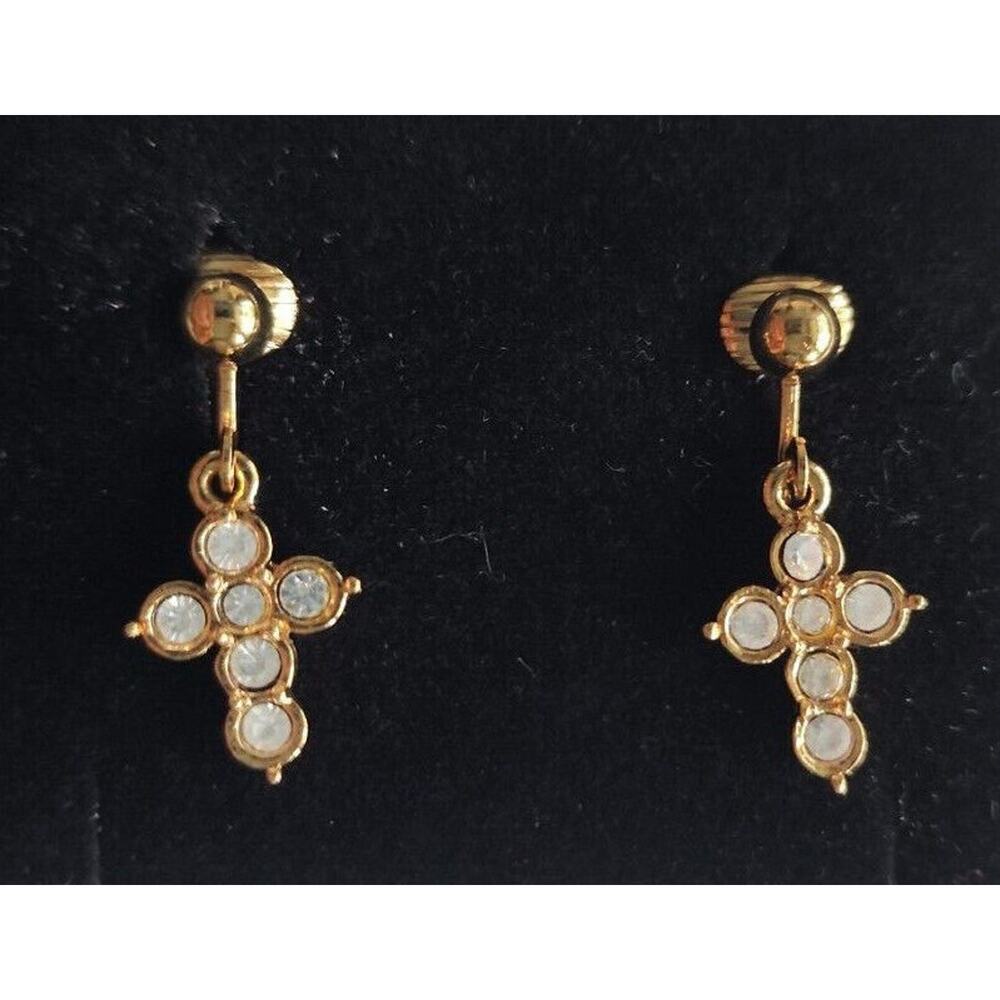 Vintage Avon Rhinestone Cross Clip Earrings‎ *1/2"WX1"L* Gold Tone in Box /12